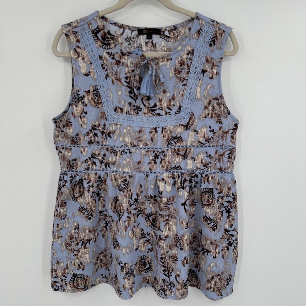 Frye Shirt Womens Large Blue Brown‎ Floral Sleeveless Lace Trim Peplum Boho Top